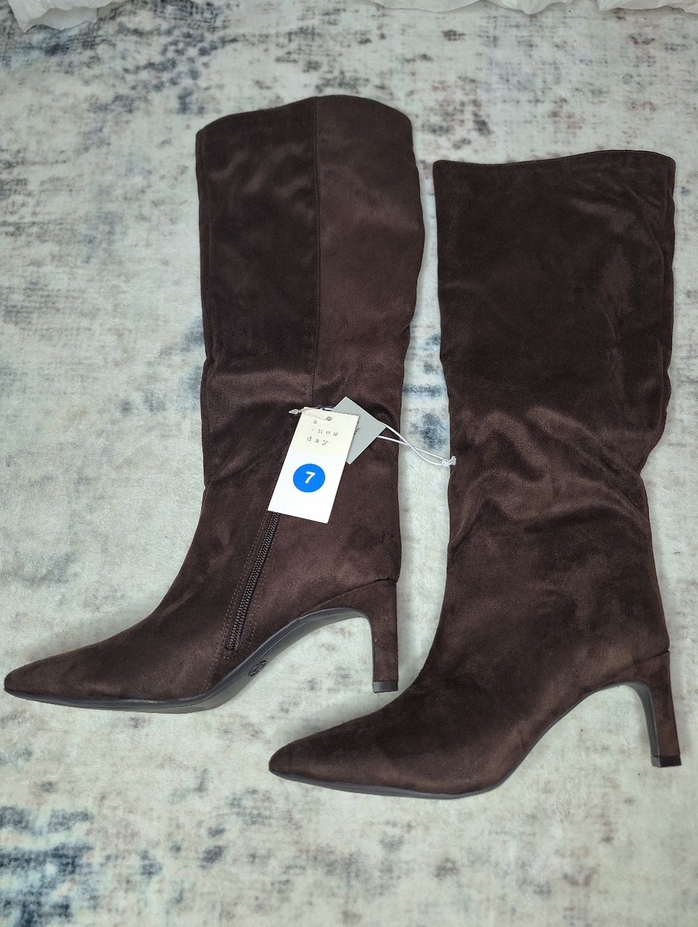 a new day Dark Brown Memory Foam Knee-High Pointed-Toe Suede Kitten Heeled Boots